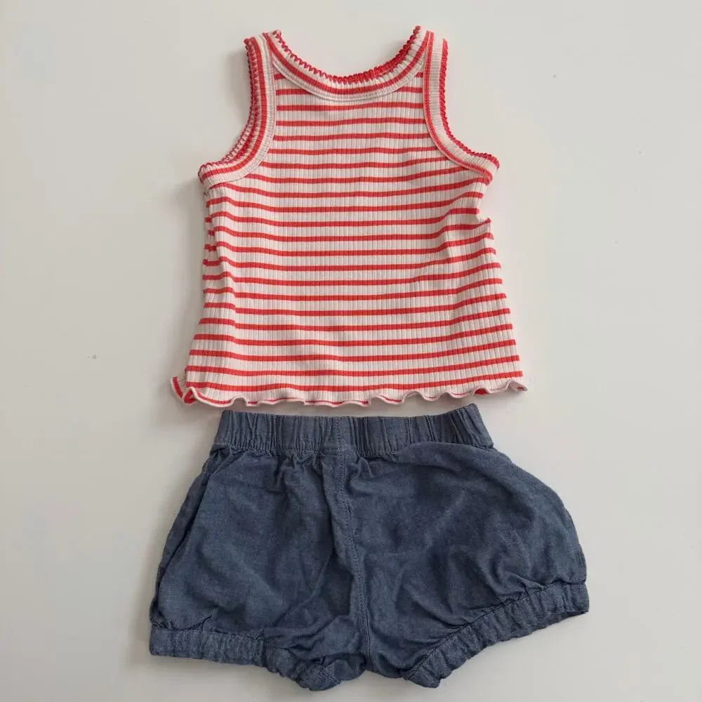 2x Cat & Jack/Carter’s red white stripe tank top blue chambray shorts July 4th